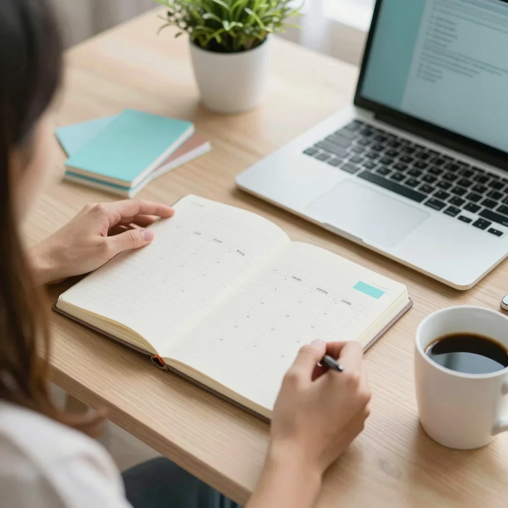 Persona organizando objetivos OKR personales en un escritorio minimalista y luminoso