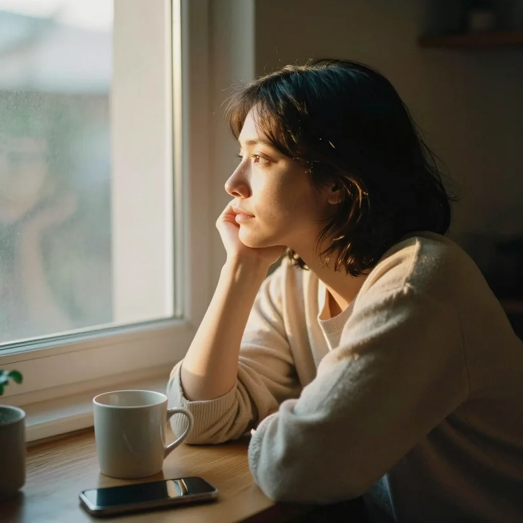 Persona junto a una ventana con luz cálida, simbolizando cómo superar la soledad no deseada