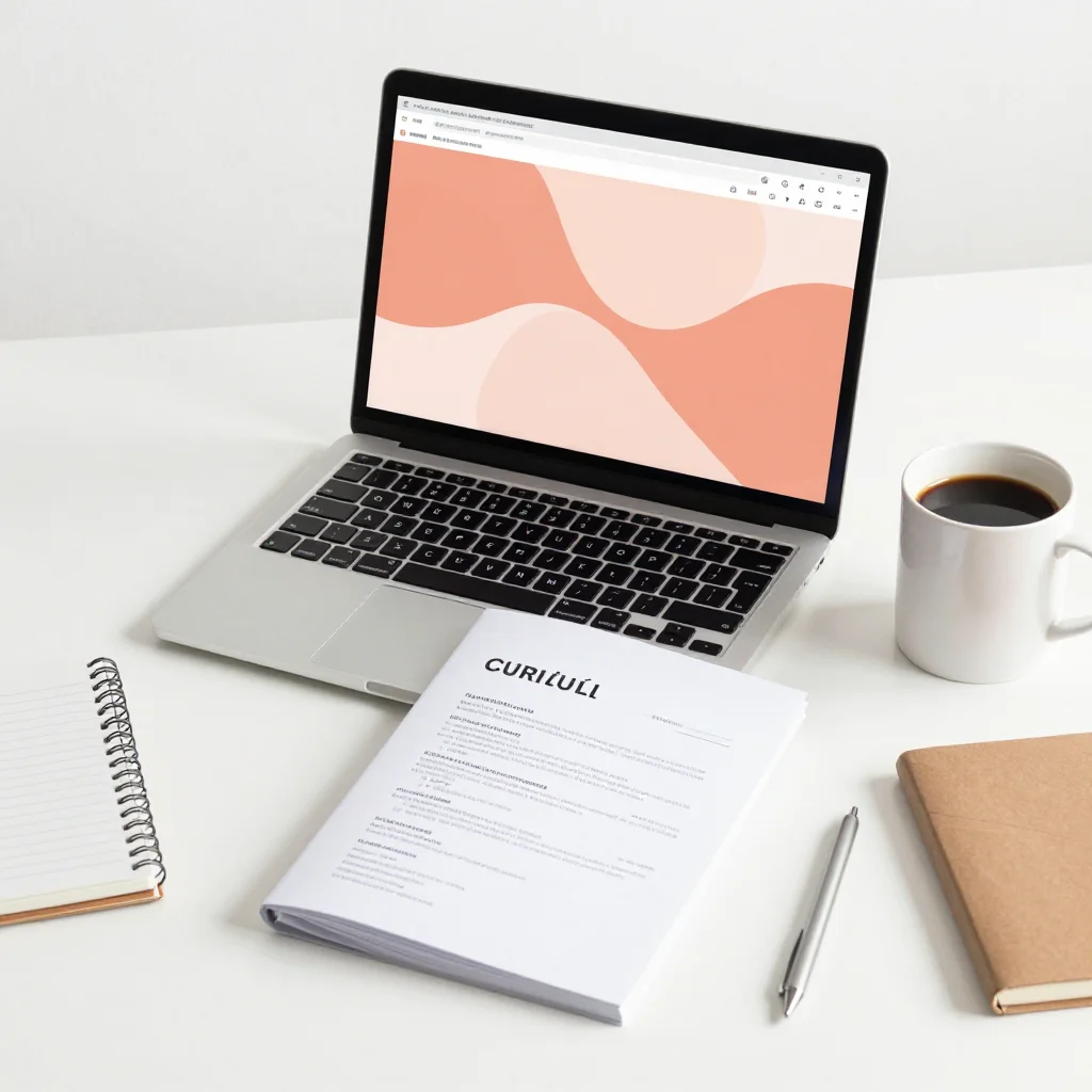 Escritorio creativo para hacer un CV moderno en Canva con portátil y diseño profesional.