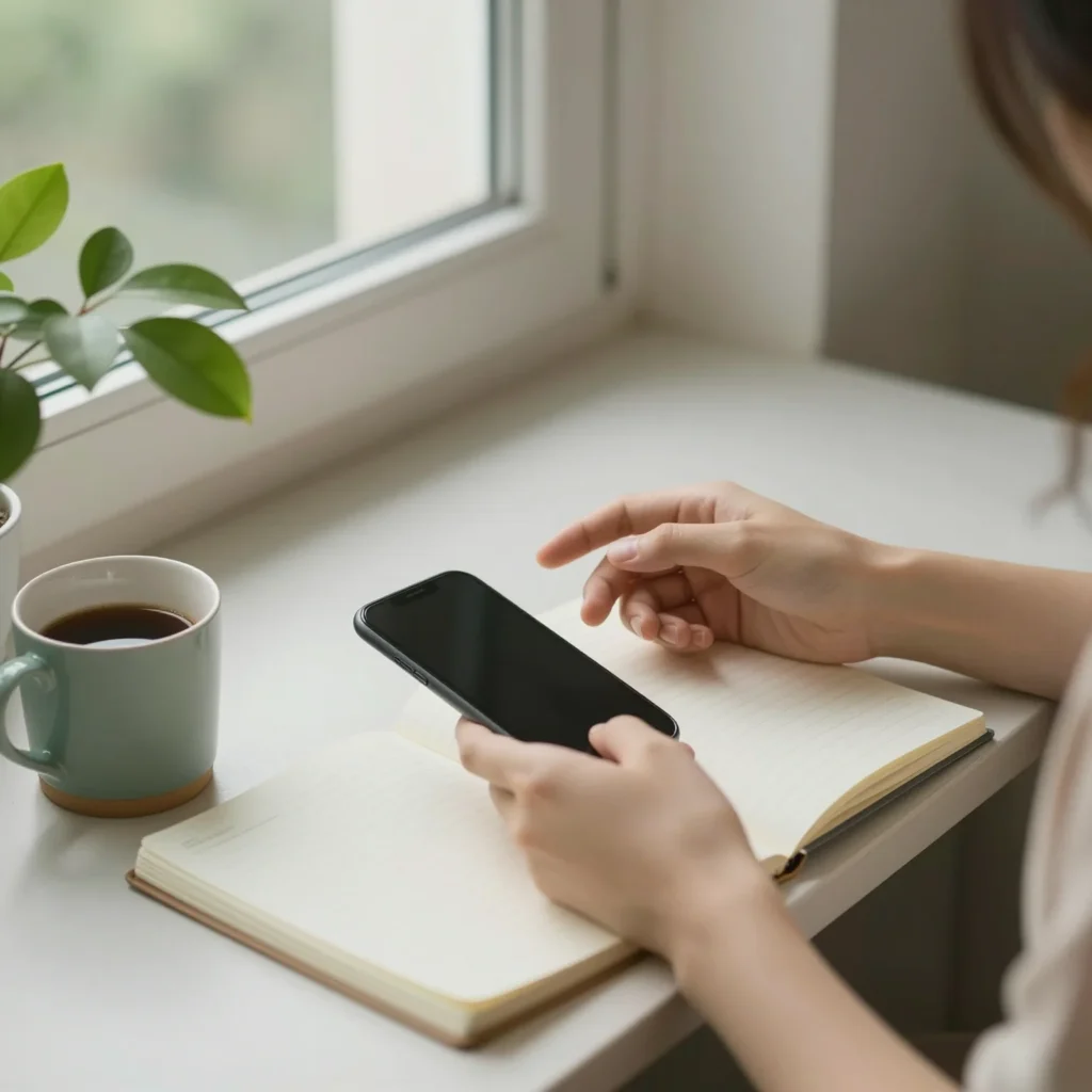 Persona relajada junto a un móvil apagado durante un detox de redes sociales
