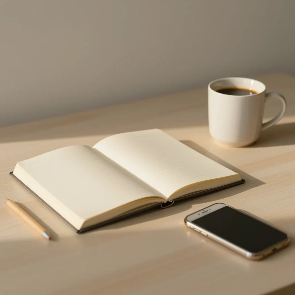 Escritorio minimalista que inspira frases de disciplina para fondo de pantalla.