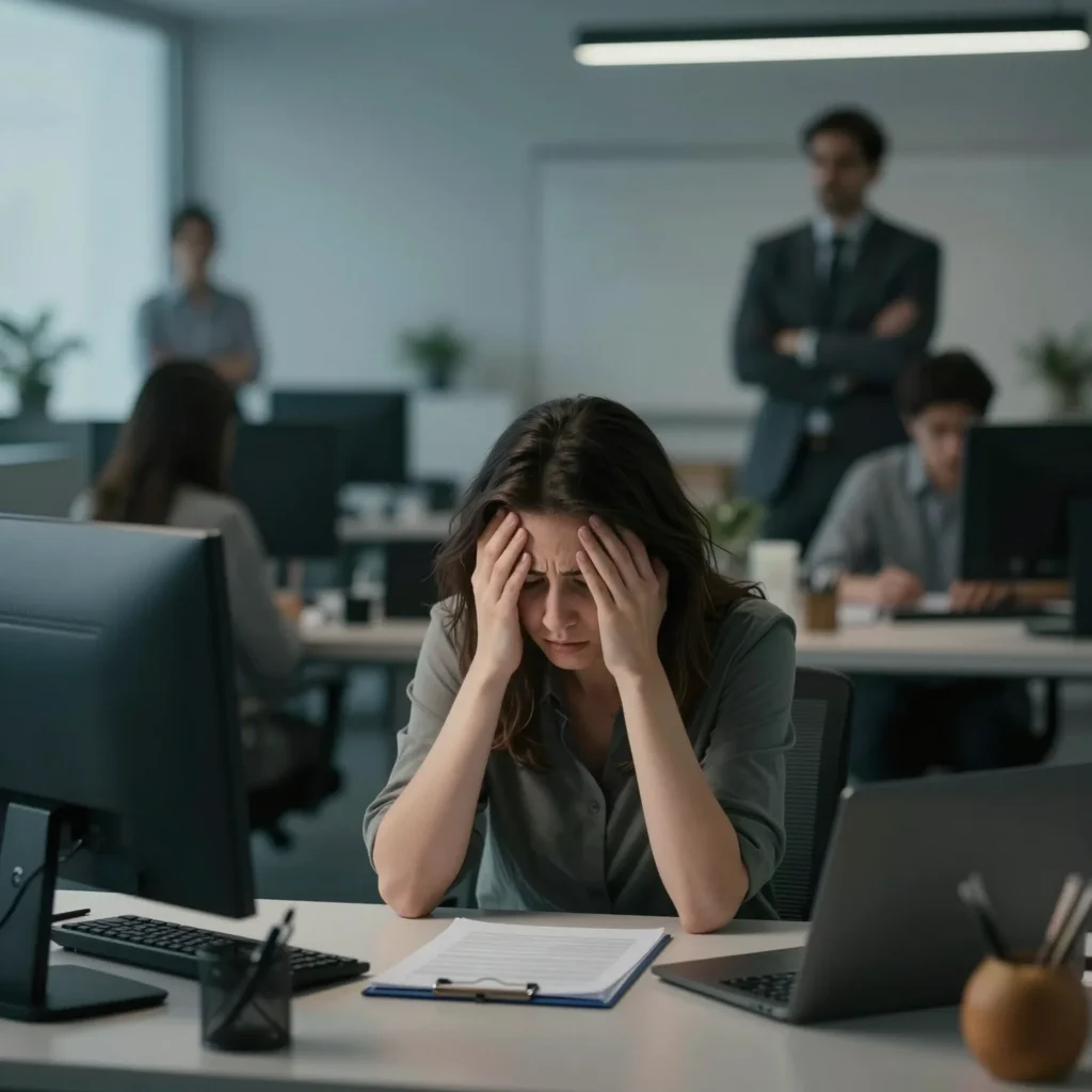Persona confundida en una oficina que refleja el gaslighting laboral y la manipulación psicológica.