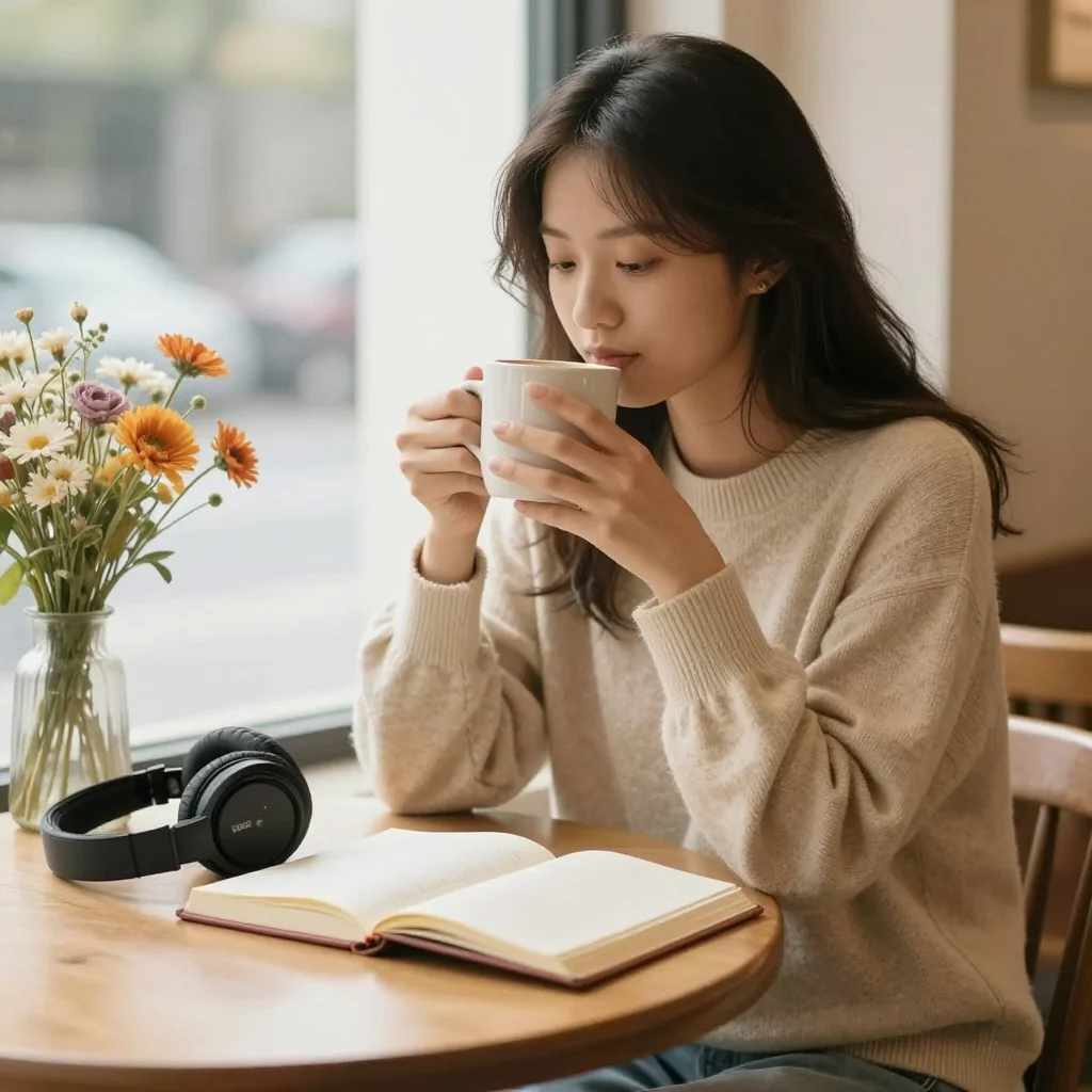 Persona disfrutando citas contigo mismo en una cafetería tranquila con café, flores y cuaderno