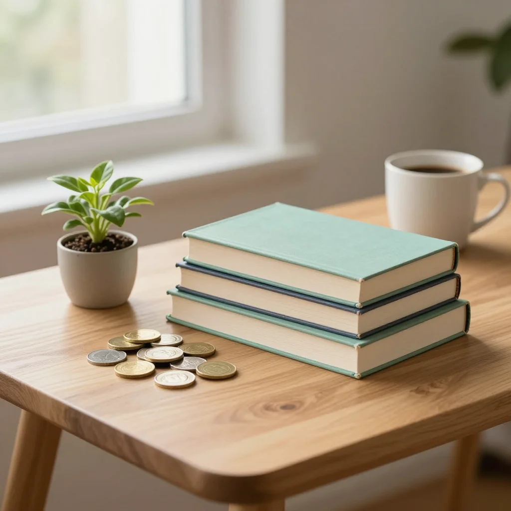 Libros sobre dinero y mentalidad junto a monedas y una planta, simbolizando crecimiento financiero personal.