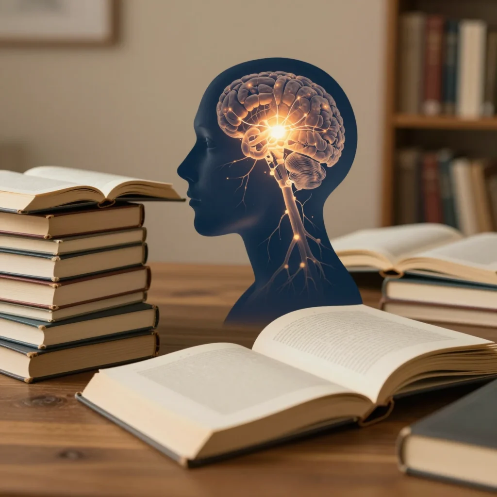 Libros para entender la mente humana junto a un cerebro luminoso en una biblioteca tranquila