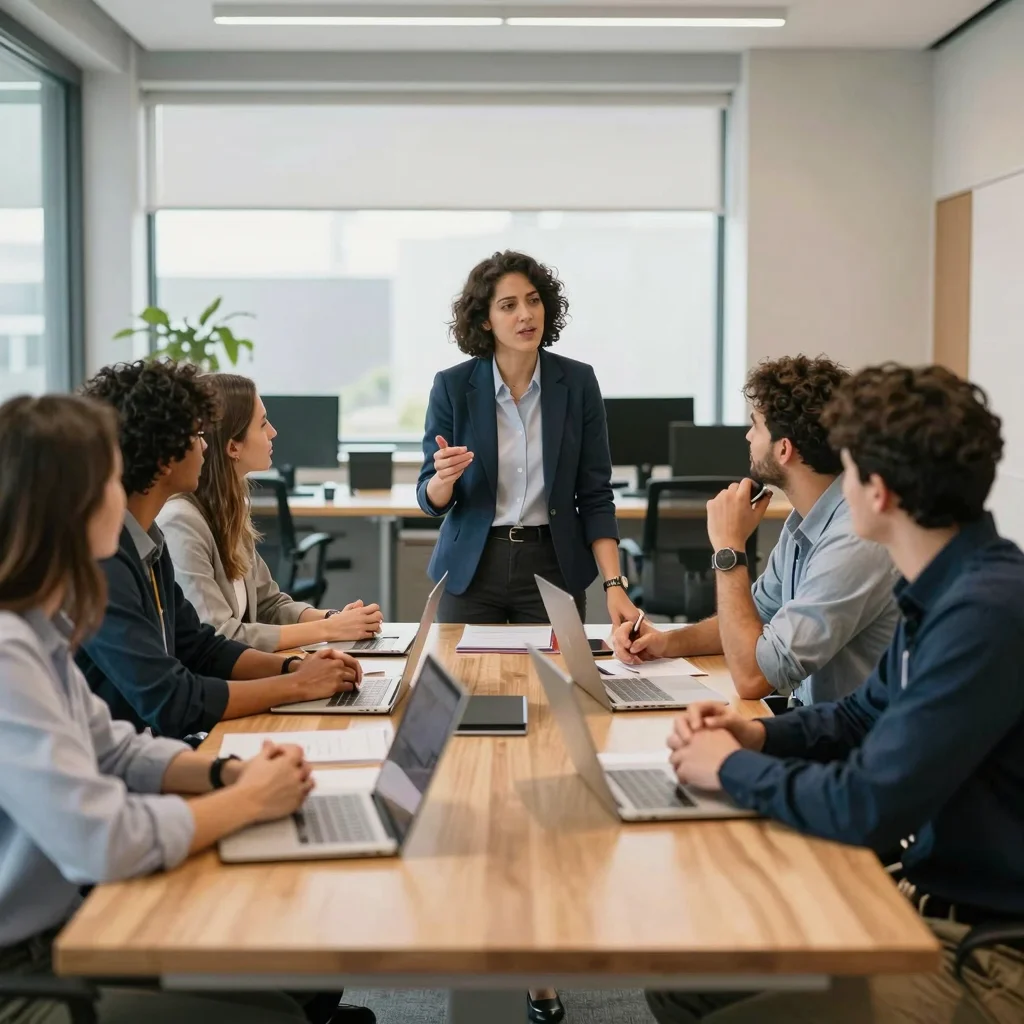 Líder dialogando con su equipo para liderar sin ser autoritario en un entorno colaborativo