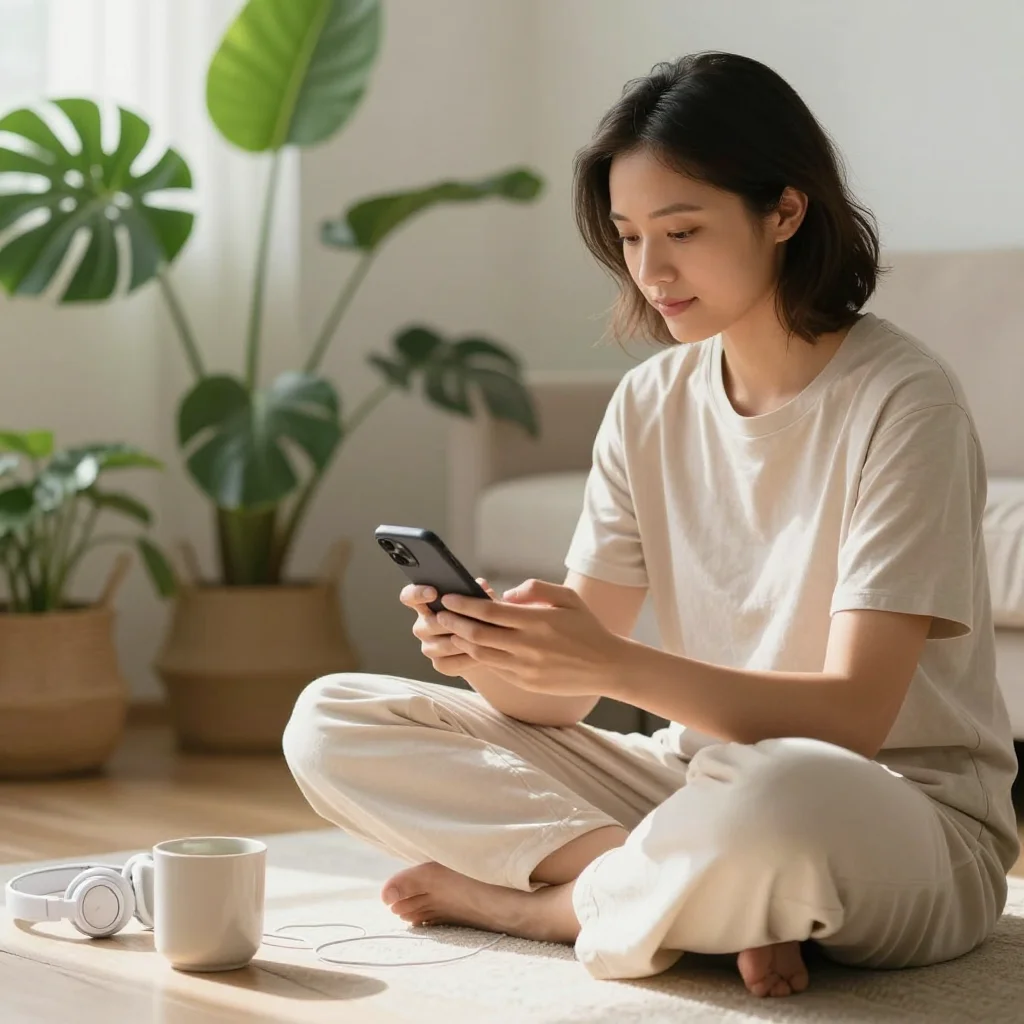 Persona meditando con móvil y apps de meditación gratis en un ambiente tranquilo