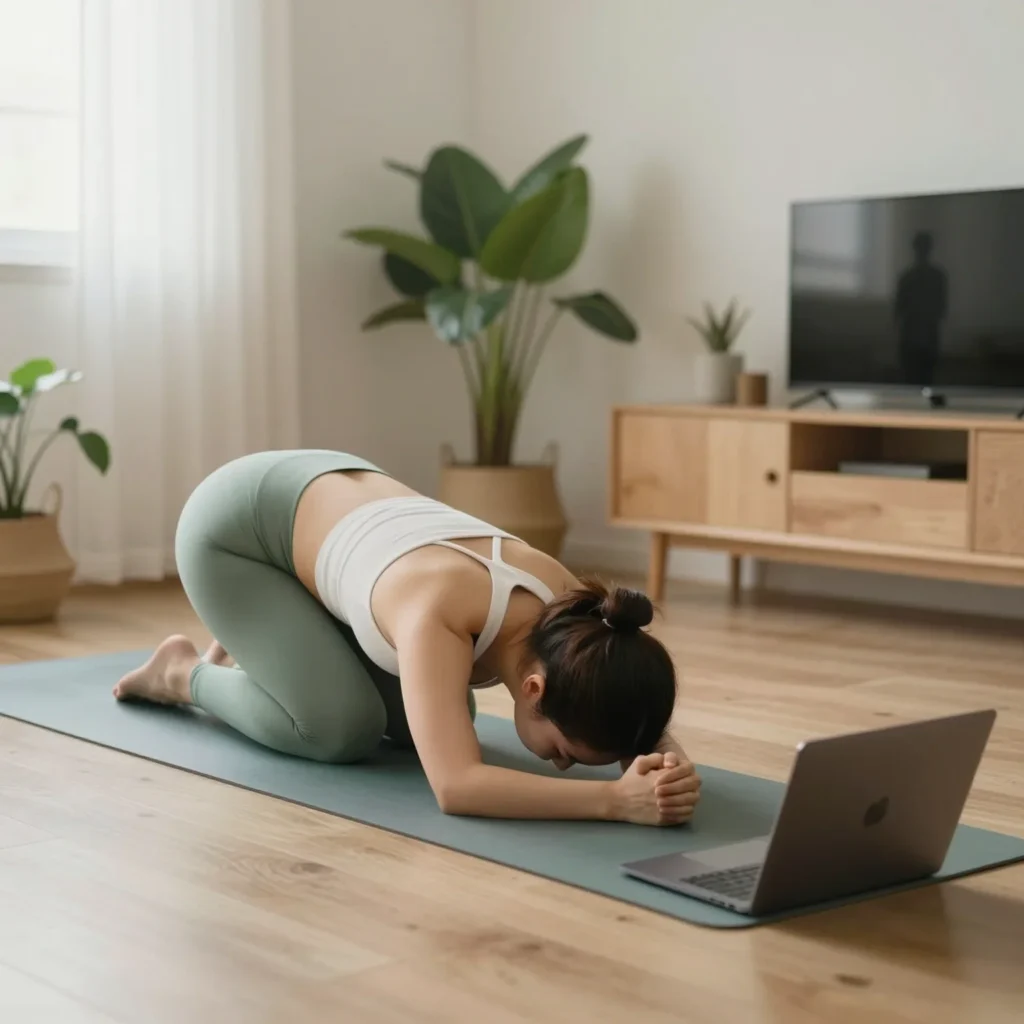 Persona practicando yoga principiantes en casa con una clase guiada en pantalla y ambiente tranquilo