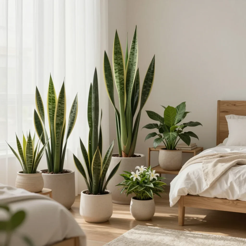 Dormitorio luminoso con sansevieria y potos, plantas para purificar aire dormitorio de forma natural