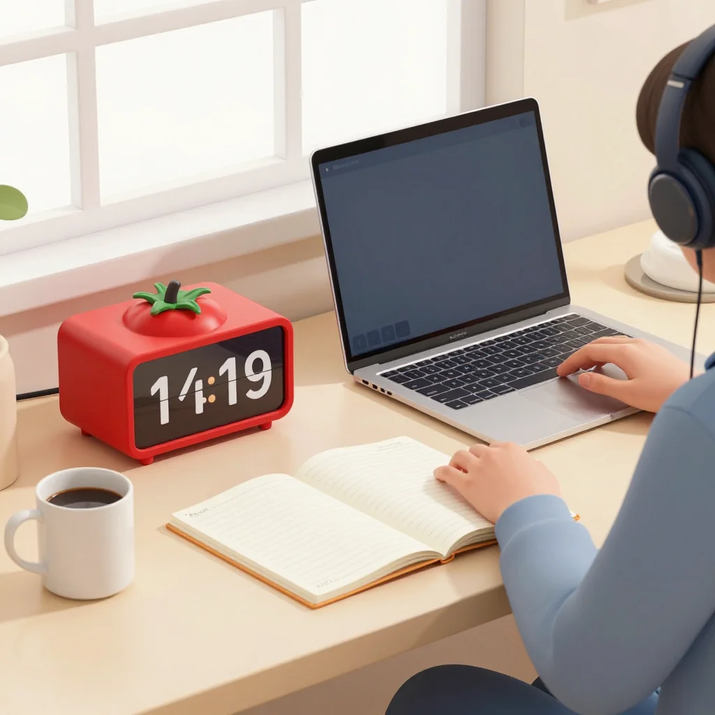 Escritorio que compara método pomodoro vs flowtime con temporizador y trabajo concentrado.