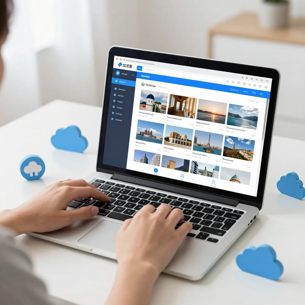 Persona organizando fotos en la nube desde un portátil con álbumes digitales ordenados.