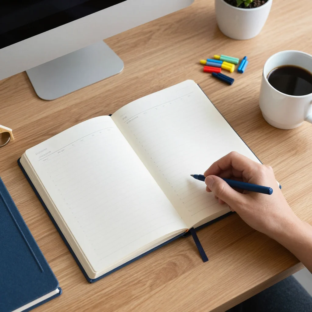Plan de acción para cumplir metas anuales en un escritorio organizado con libreta y calendario visual.