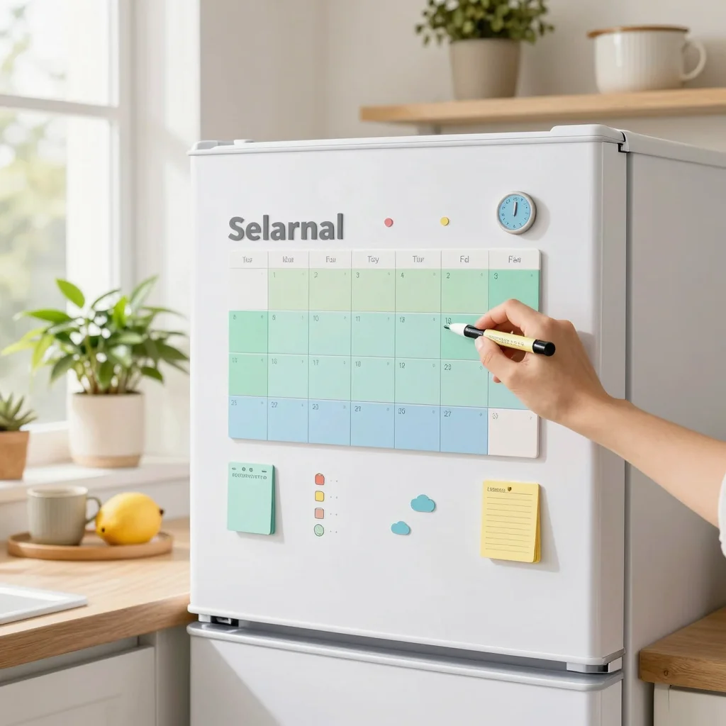 Planificador semanal magnético en nevera de cocina moderna para organizar tareas y comidas.