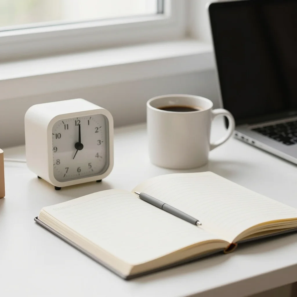 Escritorio ordenado con temporizador que representa la regla de los dos minutos para mejorar la productividad