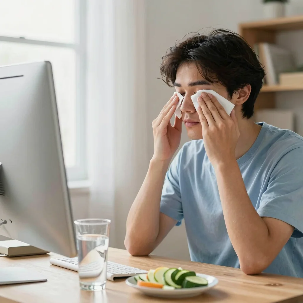 Persona usando remedios caseros para ojos cansados frente al PC en un escritorio luminoso