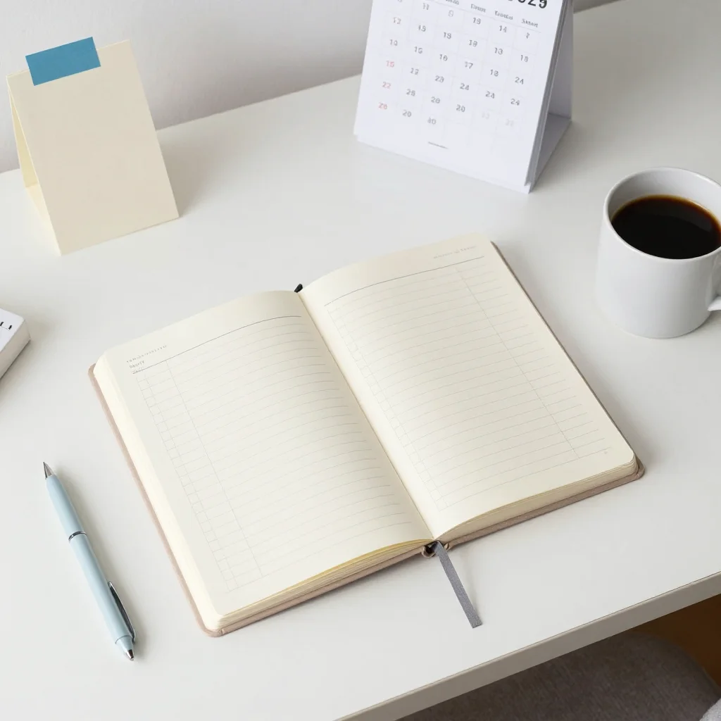 Escritorio ordenado con libreta y notas para aplicar un sistema GTD fácil para principiantes.