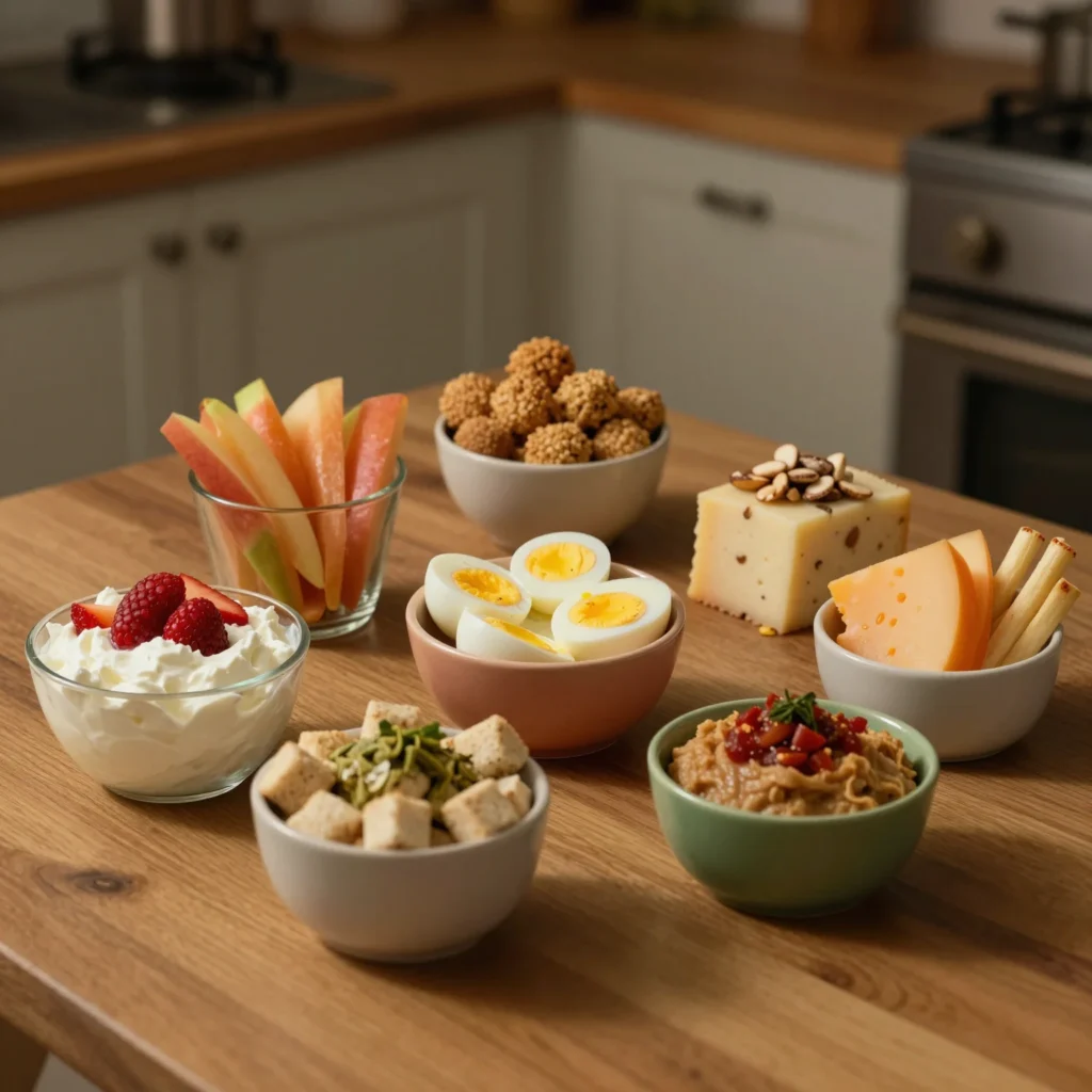 Snacks nocturnos que no engordan en cuencos saludables sobre una mesa de cocina cálida