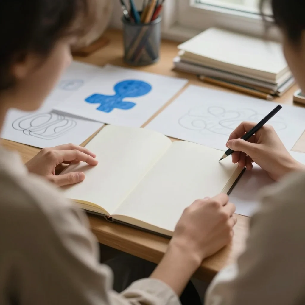 Persona frente a una libreta en blanco superando el bloqueo creativo con calma e inspiración.