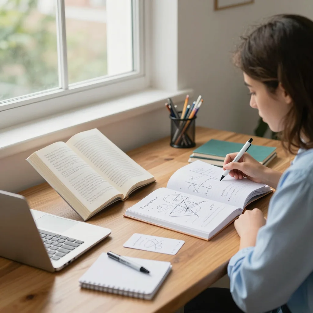 Estudiante comparando técnicas de estudio activo y pasivo en un escritorio organizado.