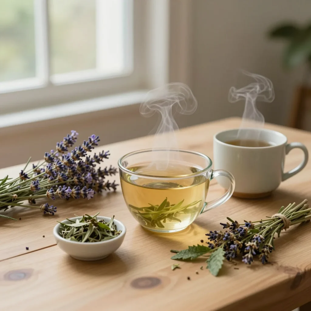 Tés herbales para bajar cortisol con manzanilla, lavanda y toronjil en una mesa luminosa.